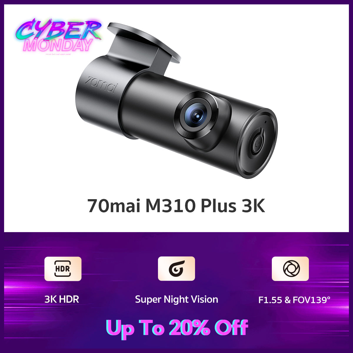 70mai Dash Cam M310 Plus 3K WDR กล้องติดรถยนต์