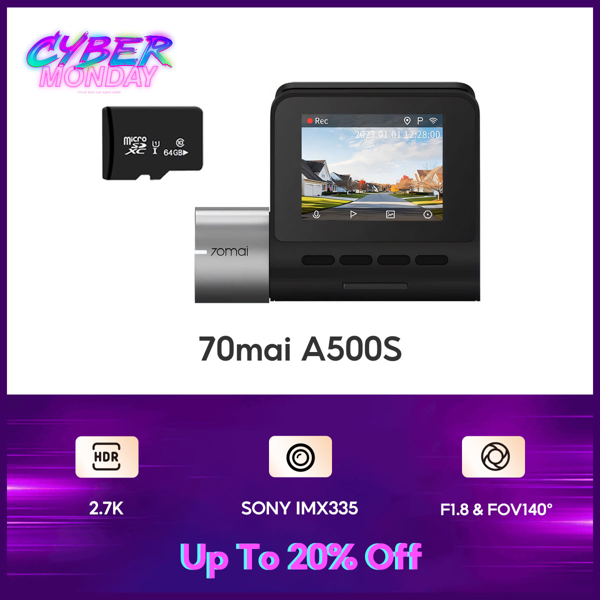 70mai Dash Cam A500s Pro Plus 2.7K Full HD ล้องติดรถยนต์