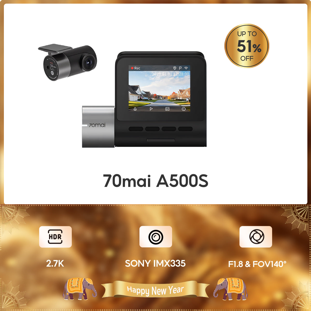 70mai Dash Cam A500S Pro Plus 1949P 2.7K Full HD กล้องติดรถยนต์