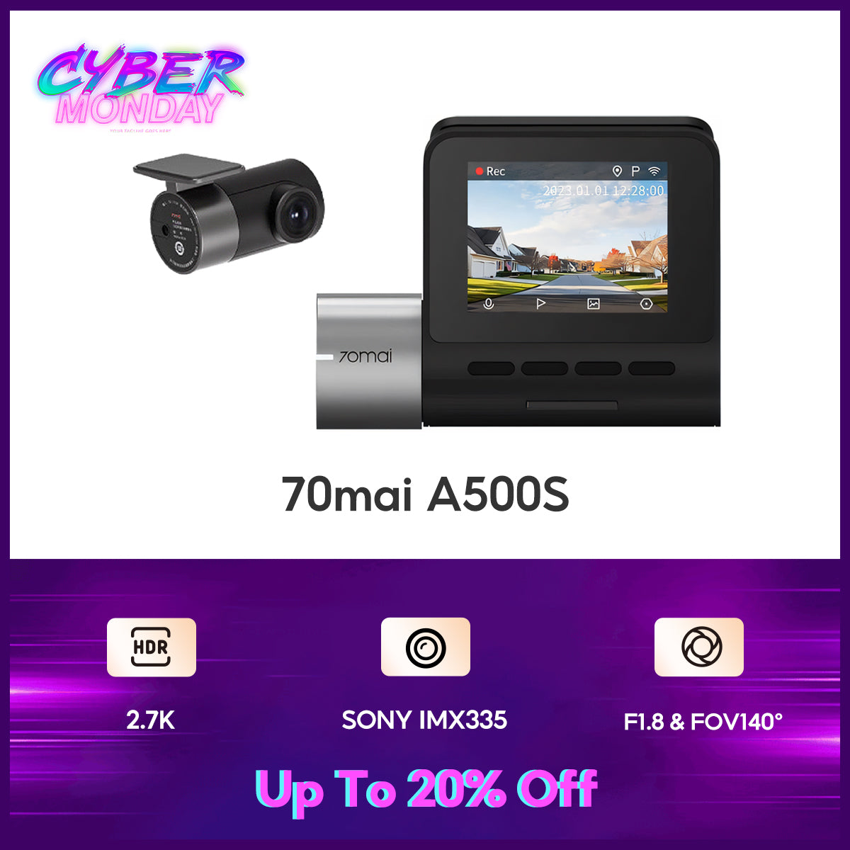 70mai Dash Cam A500s Pro Plus 2.7K Full HD ล้องติดรถยนต์