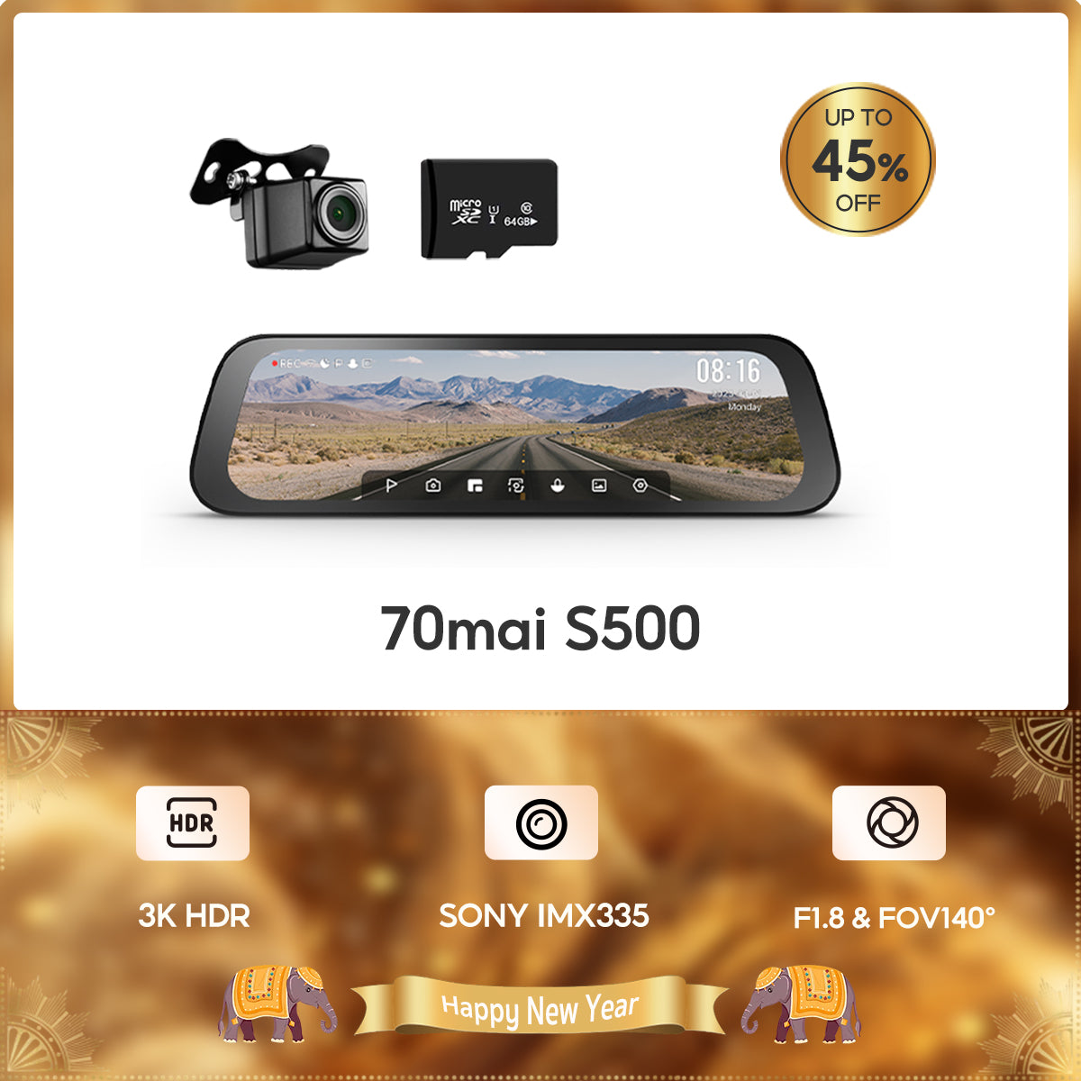 70mai Dash Cam S500 1944P 3K Dual HDR กล้องติดรถยนต์
