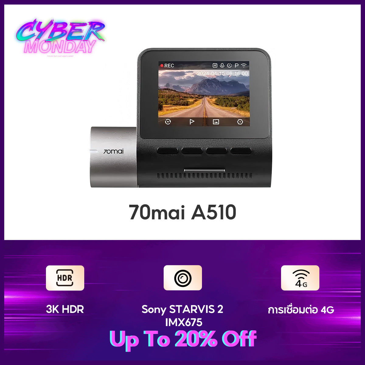 70mai Dash Cam A510 1944P Built-in GPS (ADAS) กล้องติดรถยนต์