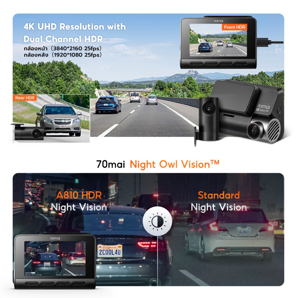 70mai Dash Cam A810 4K Full HD WDR 4G กล้องติดรถยนต์