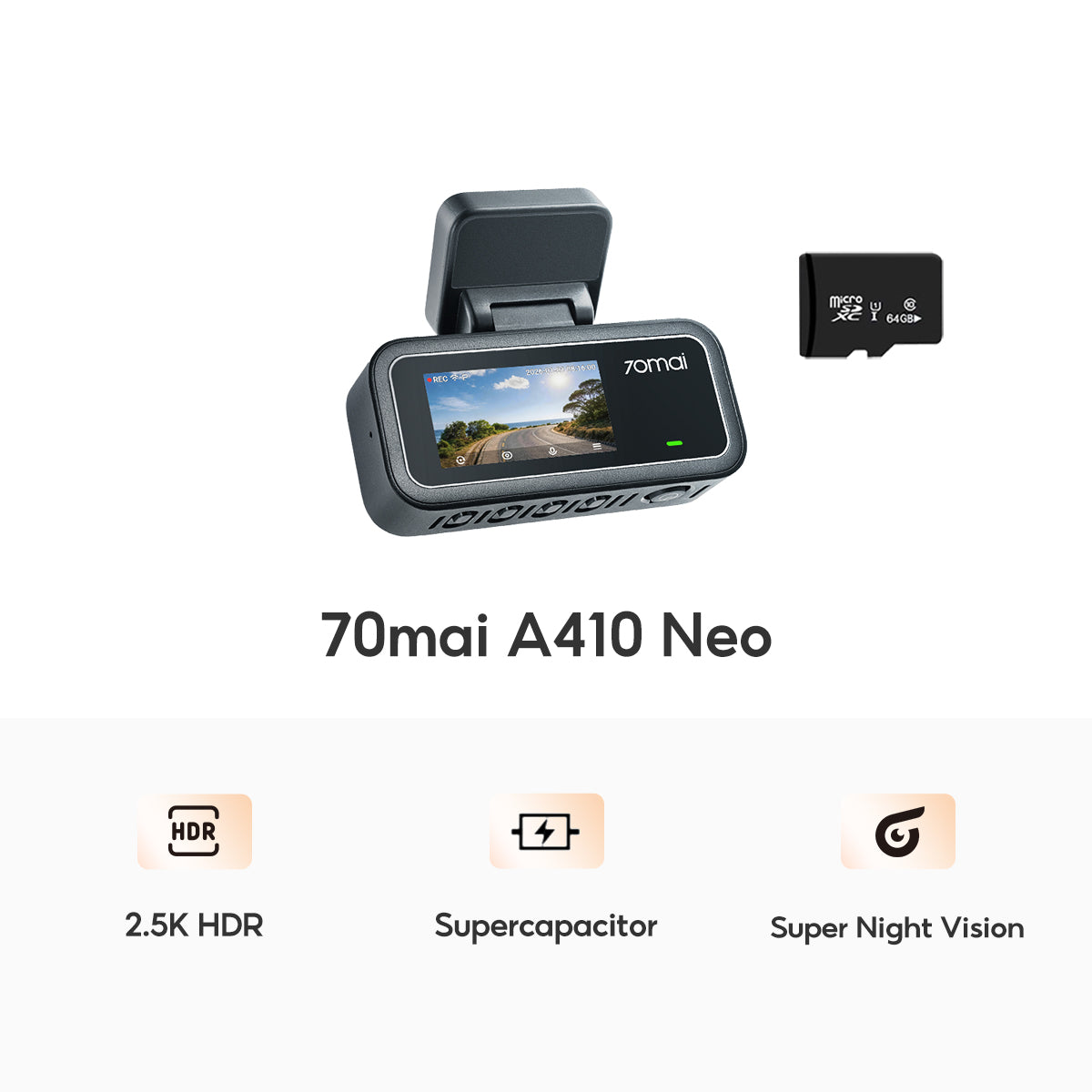 70mai Dash Cam A410 Neo 2.5K 30FPS 2-Channel กล้องติดรถยนต์