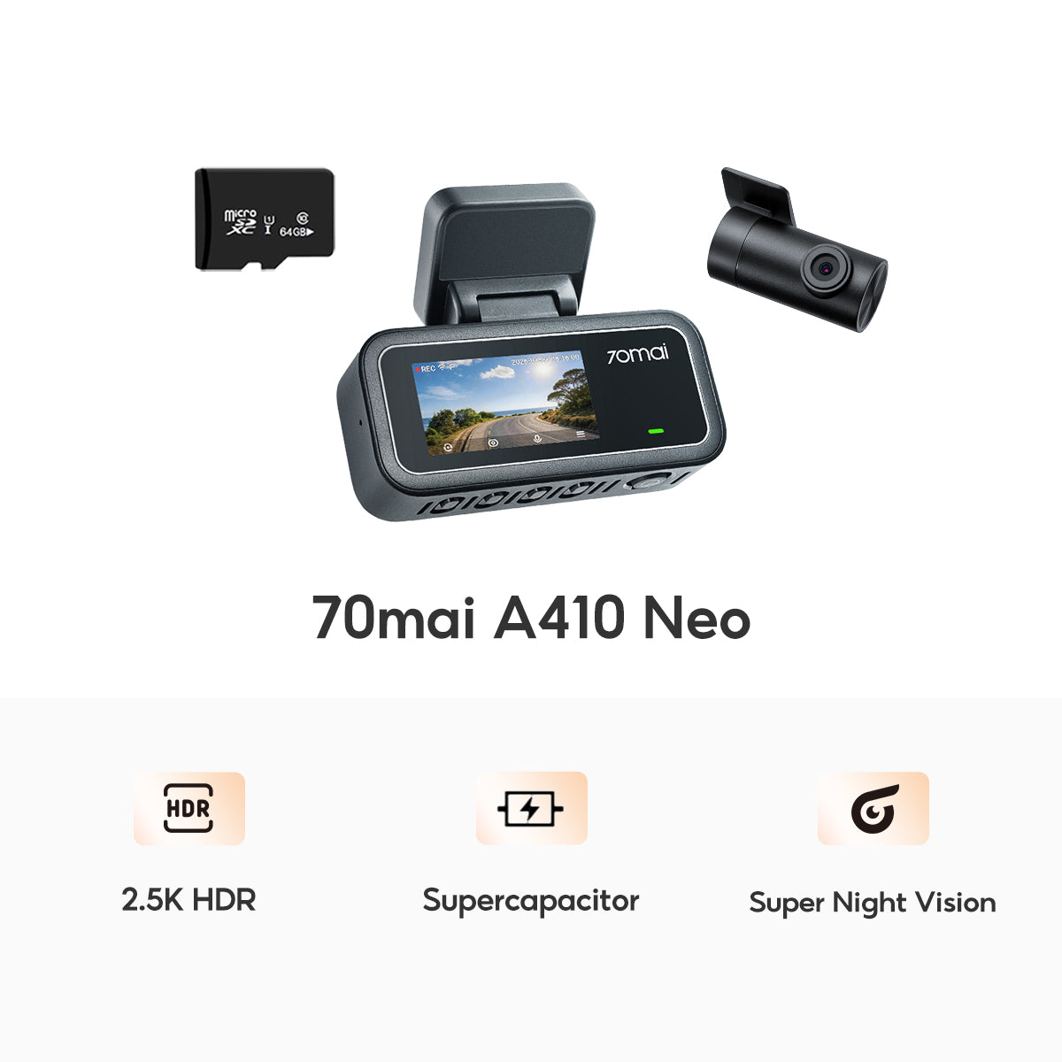 70mai Dash Cam A410 Neo 2.5K 30FPS 2-Channel กล้องติดรถยนต์