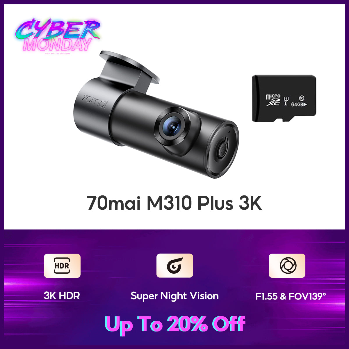 70mai Dash Cam M310 Plus 3K WDR กล้องติดรถยนต์