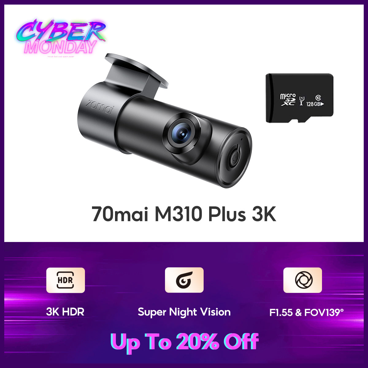 70mai Dash Cam M310 Plus 3K WDR กล้องติดรถยนต์