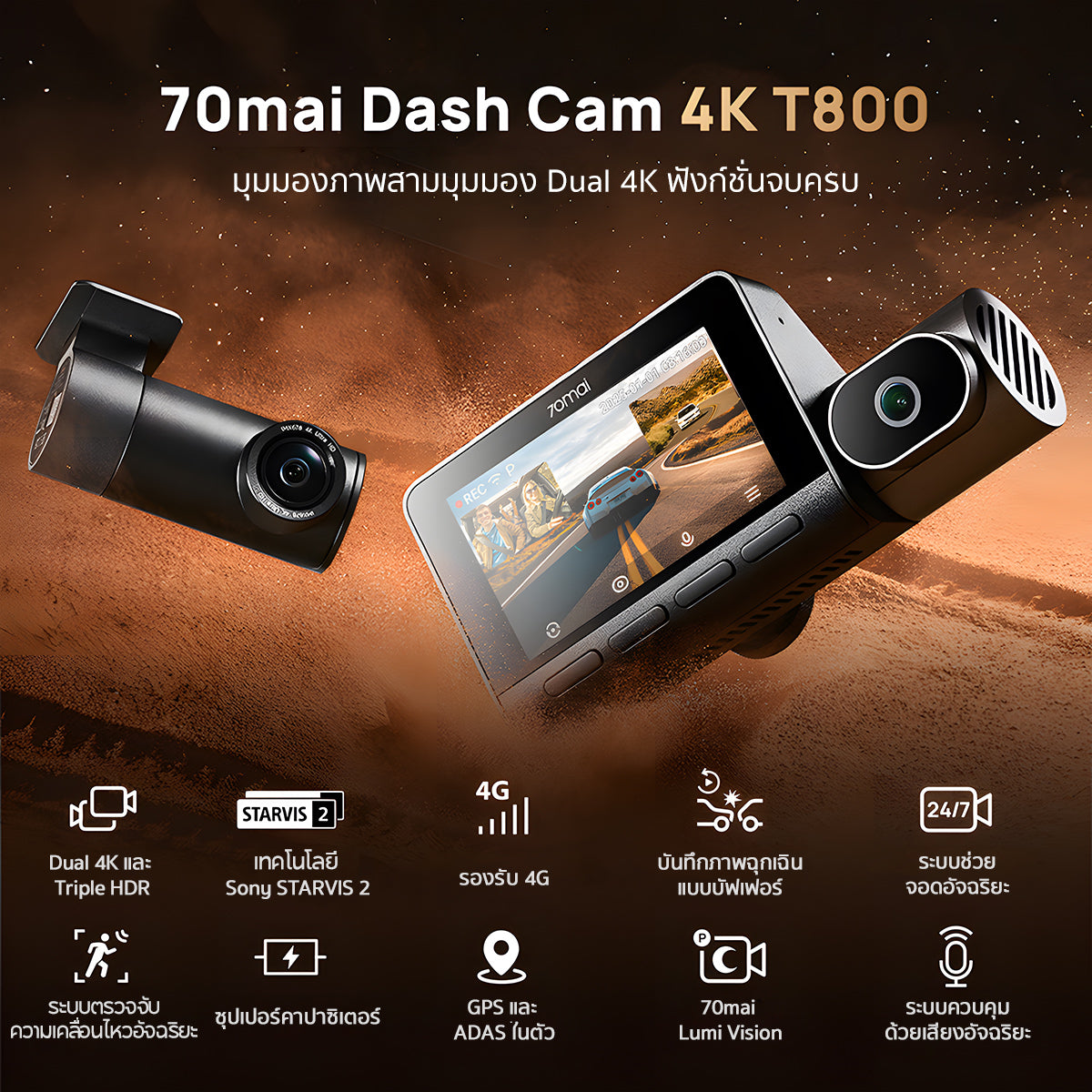 【NEW】70mai Dash Cam 4K T800 Dual 4K&Triple HDR กล้องติดรถยนต์ 4G Built-In GPS Dual Sony STARVIS 2  รับประกันศูนย์ไทย 3ปี