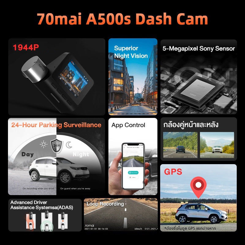 กล้องติดรถยนต์อัฉริยะ A500s + ตัวเลือกกล้องหลัง RC06 70 MAI A500 S