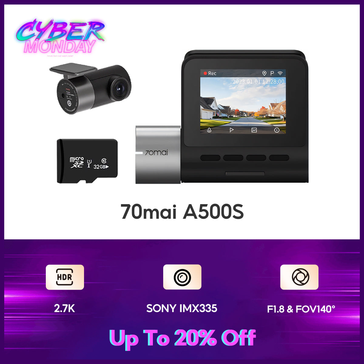 70mai Dash Cam A500S Pro Plus 1949P 2.7K Full HD กล้องติดรถยนต์