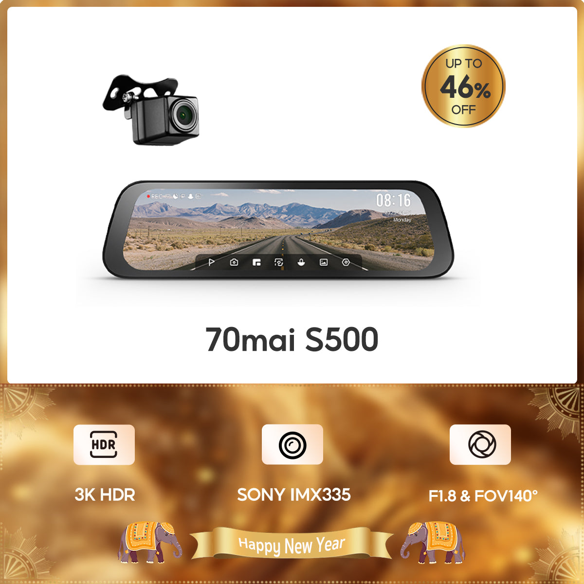 70mai Dash Cam S500 1944P 3K Dual HDR กล้องติดรถยนต์