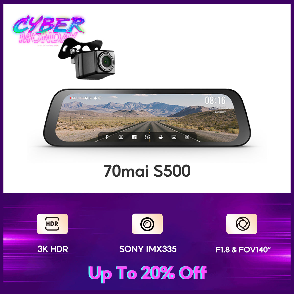 70mai Dash Cam S500 1944P 3K Dual HDR กล้องติดรถยนต์