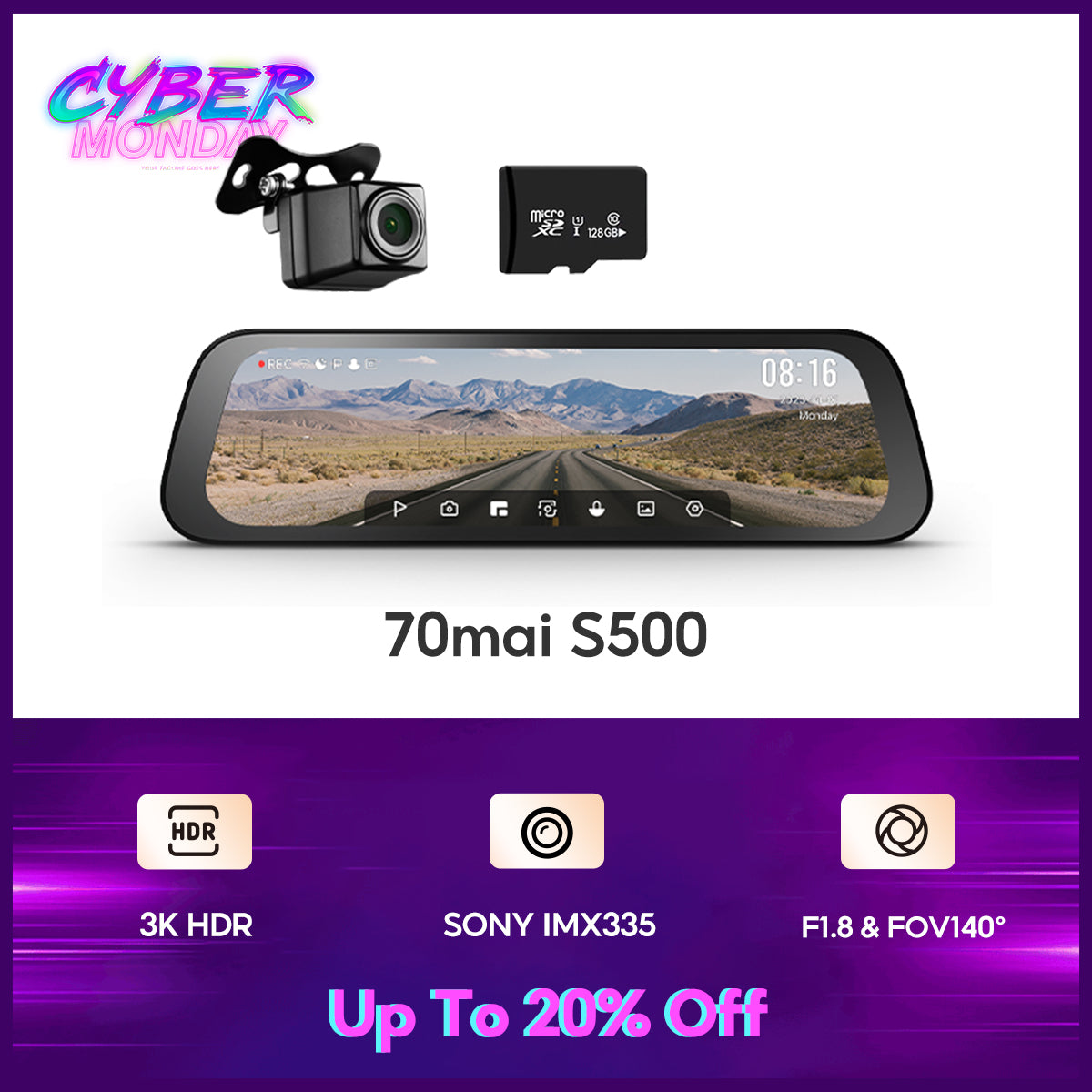 70mai Dash Cam S500 1944P 3K Dual HDR กล้องติดรถยนต์