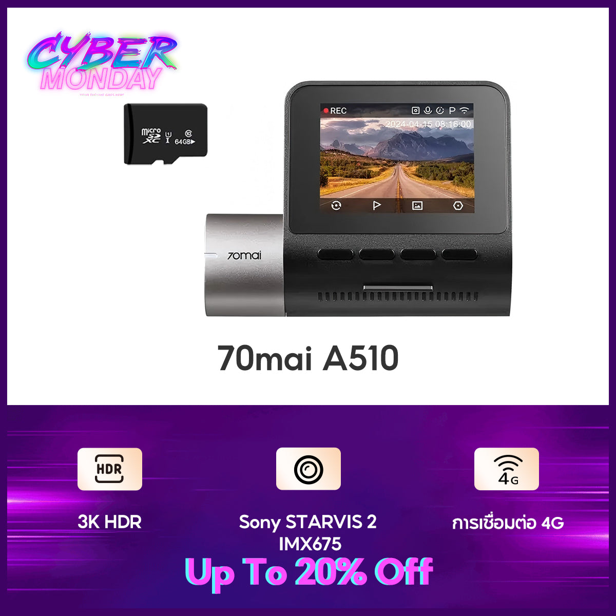 70mai Dash Cam A510 1944P Built-in GPS (ADAS) กล้องติดรถยนต์