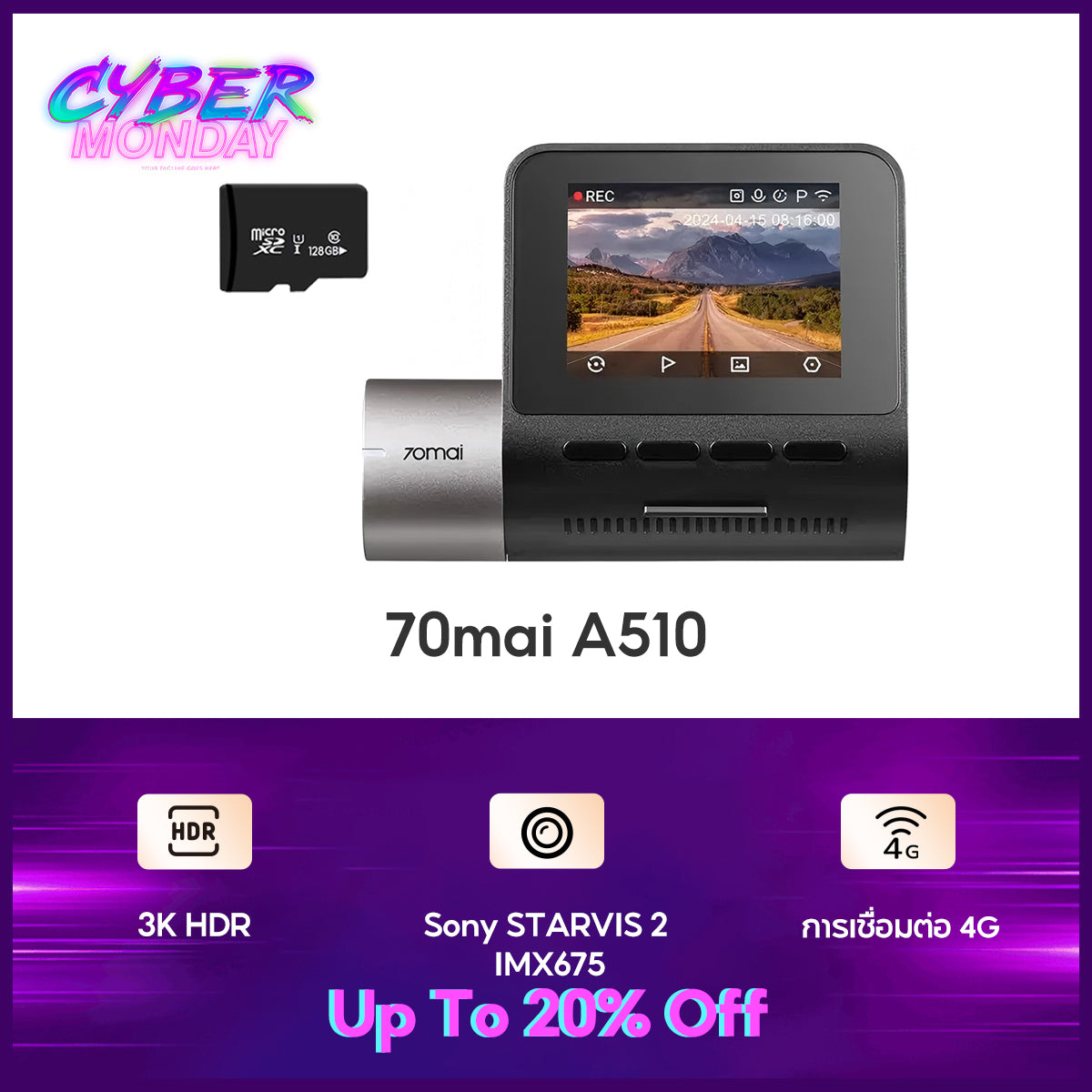 70mai Dash Cam A510 1944P Built-in GPS (ADAS) กล้องติดรถยนต์